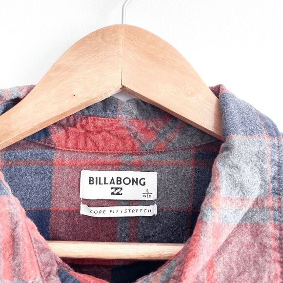 Billabong Men's Shirt Core Fit Stretch Plaid Button-Up Flannel Red Size L - Picture 3 of 8
